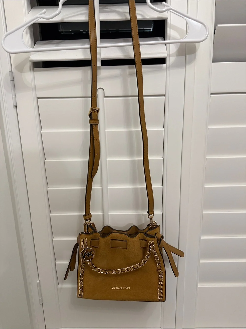 Michael Kors Tan Suede Chain-Trim Crossbody Bag